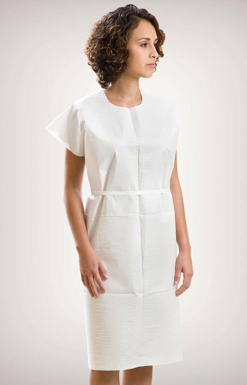 Gown Exam, Glued Shoulders, Tissue/Poly/Tissue, White/White, White Poly Tie, M/L 30″ x 42″ [220] (50/CS) by Graham Medical  ID 70220N